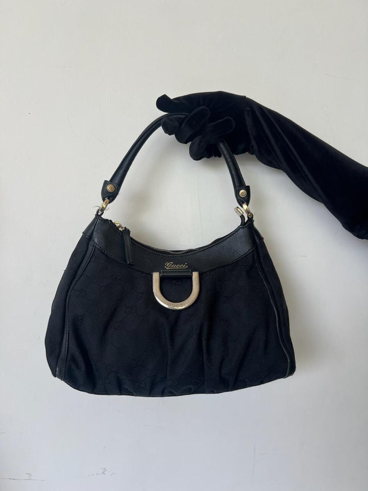Gucci Black GG Canvas D Gold Hobo Bag