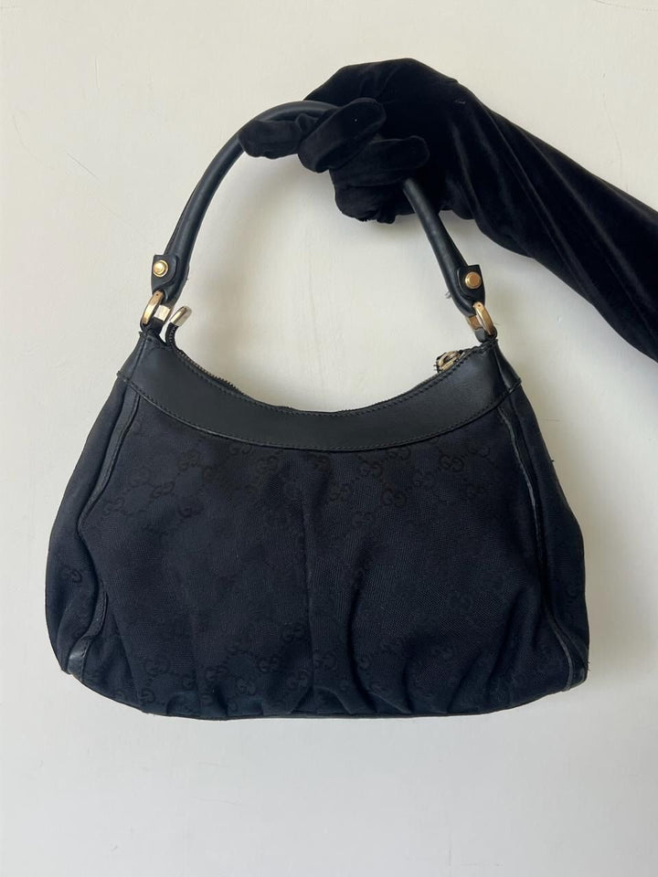 Gucci Black GG Canvas D Gold Hobo Bag