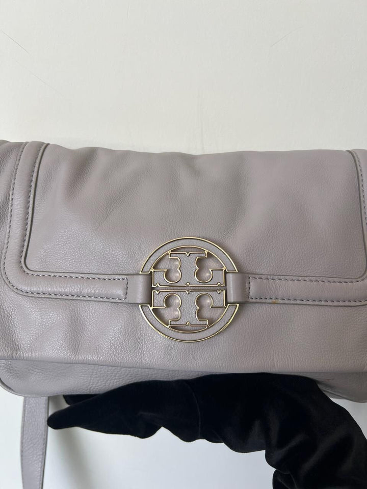 Tory Burch Grey Leather Amanda Foldover Crossbody Bag
