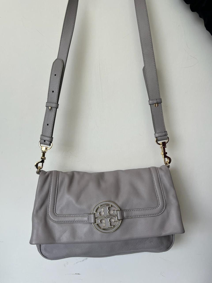 Tory Burch Grey Leather Amanda Foldover Crossbody Bag