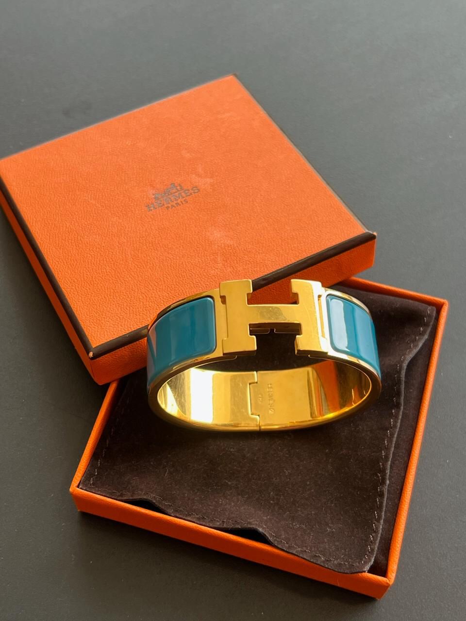 Hermes Enamel Clic H Hinged Blue Bangle Bracelet
