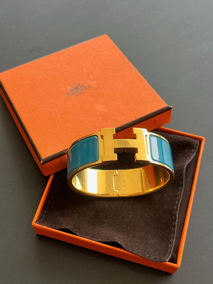 Hermes Enamel Clic H Hinged Blue Bangle Bracelet