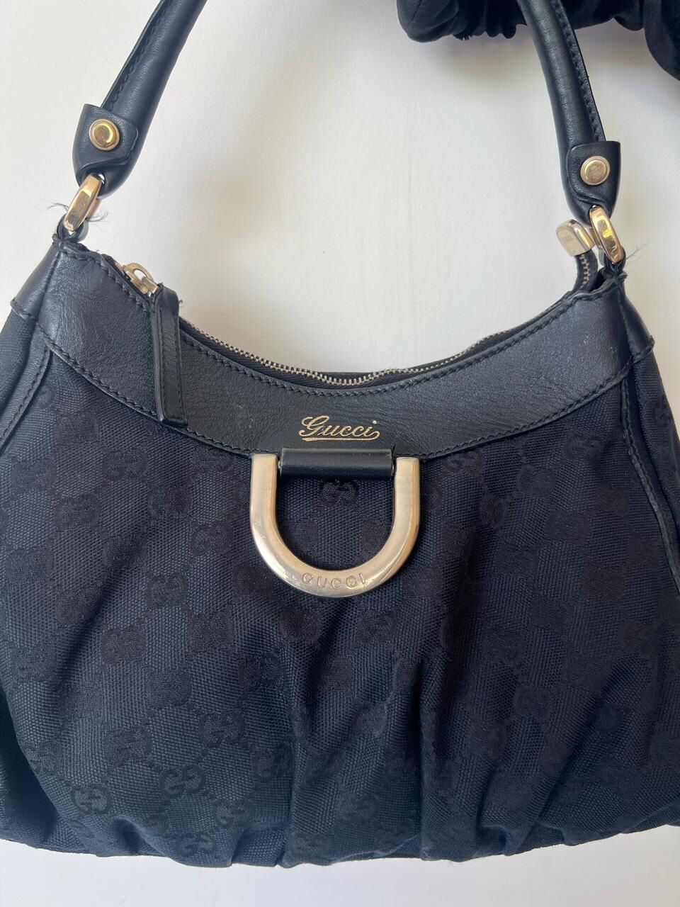 Gucci Black GG Canvas D Gold Hobo Bag