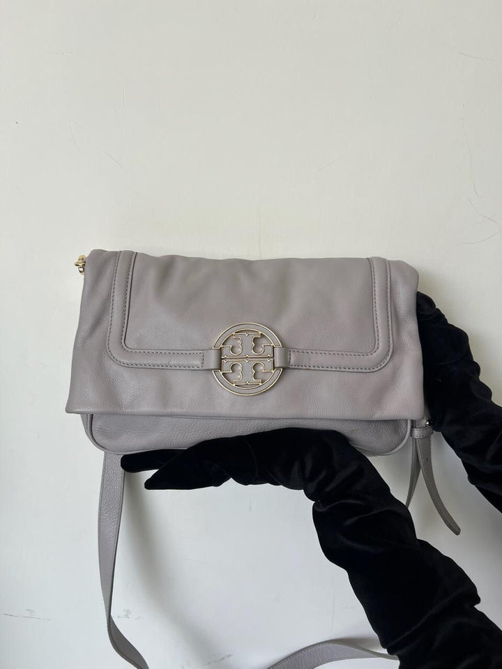 Tory Burch Grey Leather Amanda Foldover Crossbody Bag