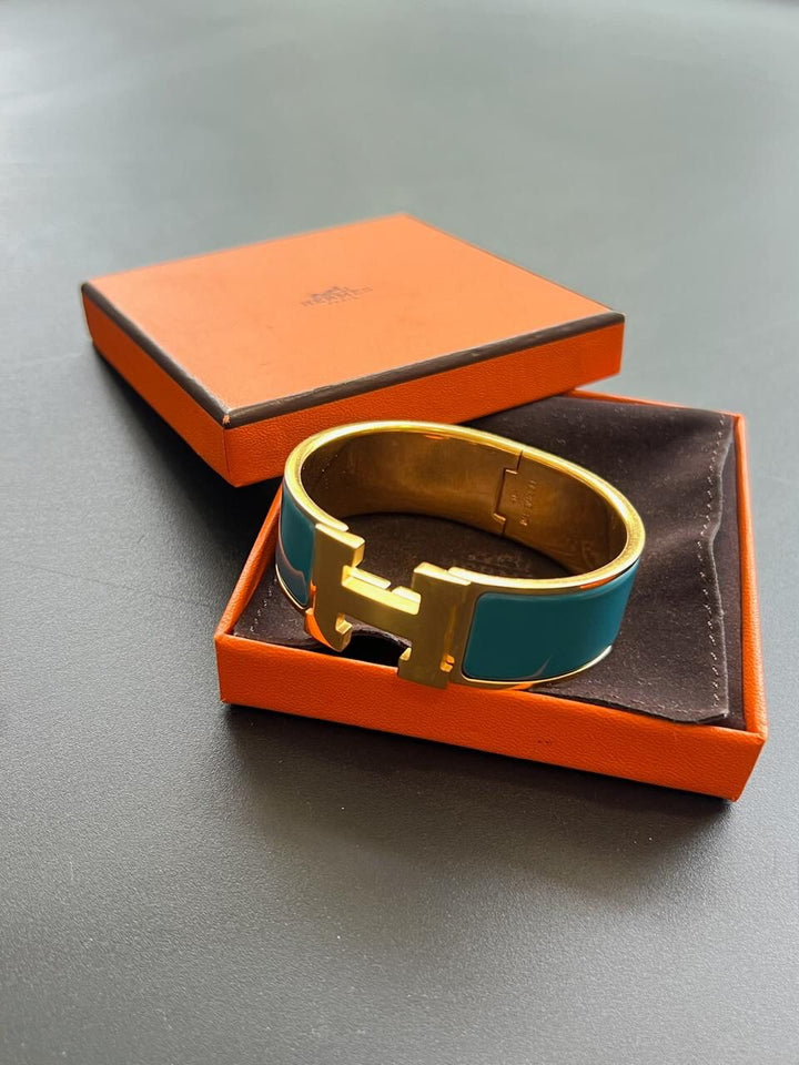 Hermes Enamel Clic H Hinged Blue Bangle Bracelet