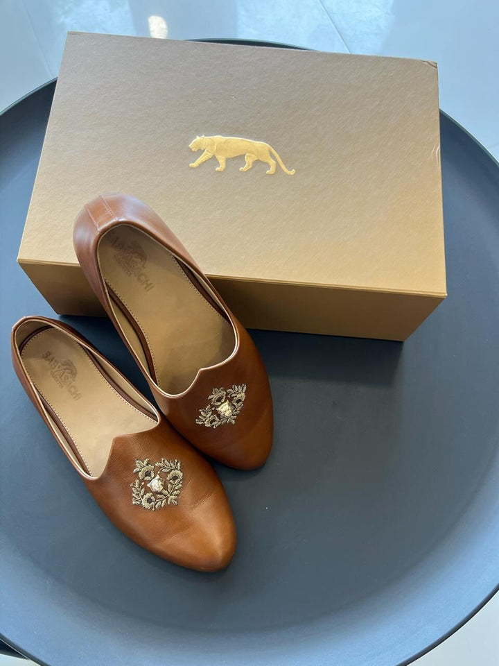 Sabyasachi Tan Leather Embroidered Loafers – Size 44
