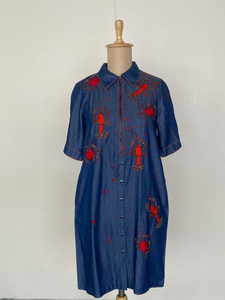 Shahin Mannan Embroidered Denim Shirt Dress