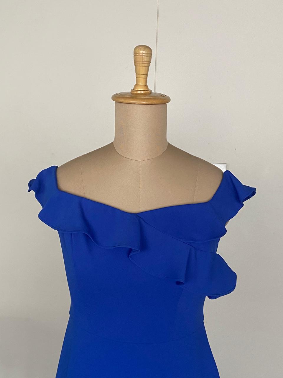 BCBG Max Azria Cobalt Blue Off-Shoulder Gown