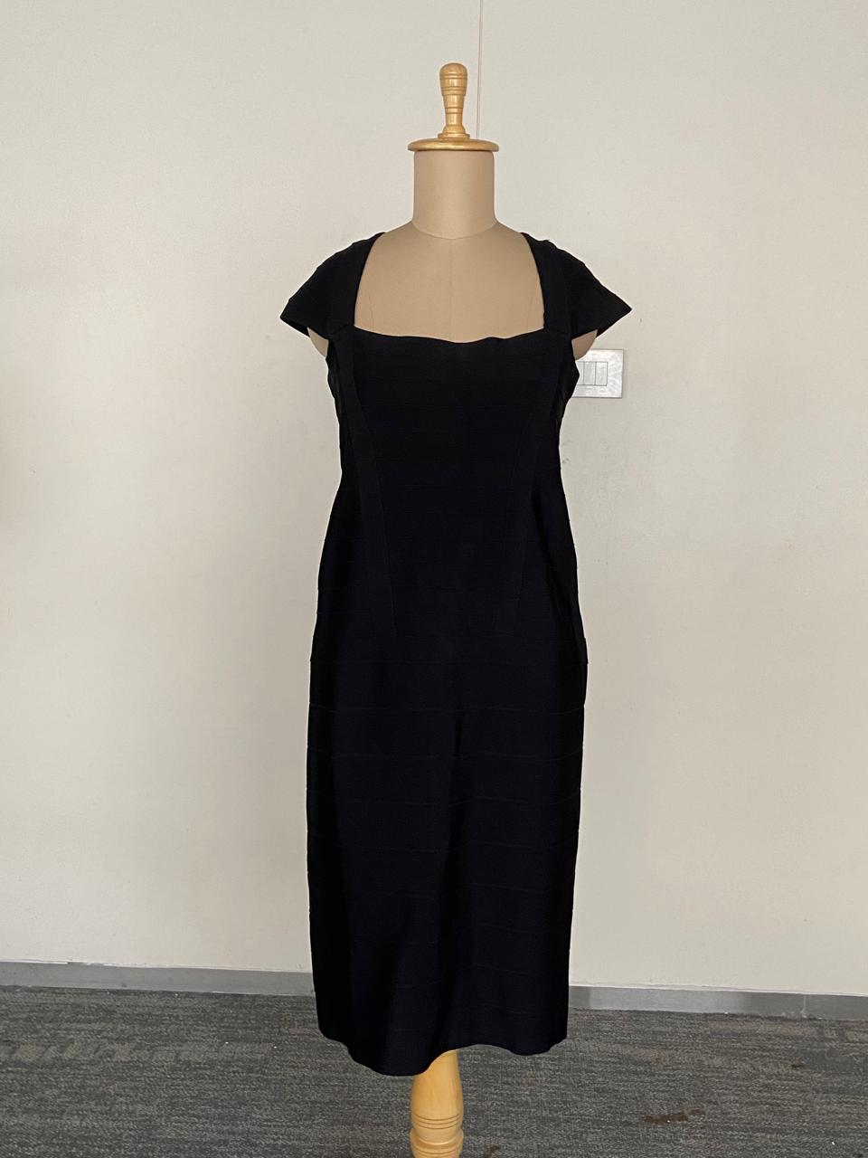 Hervé Léger Black Structured Midi Dress Size L