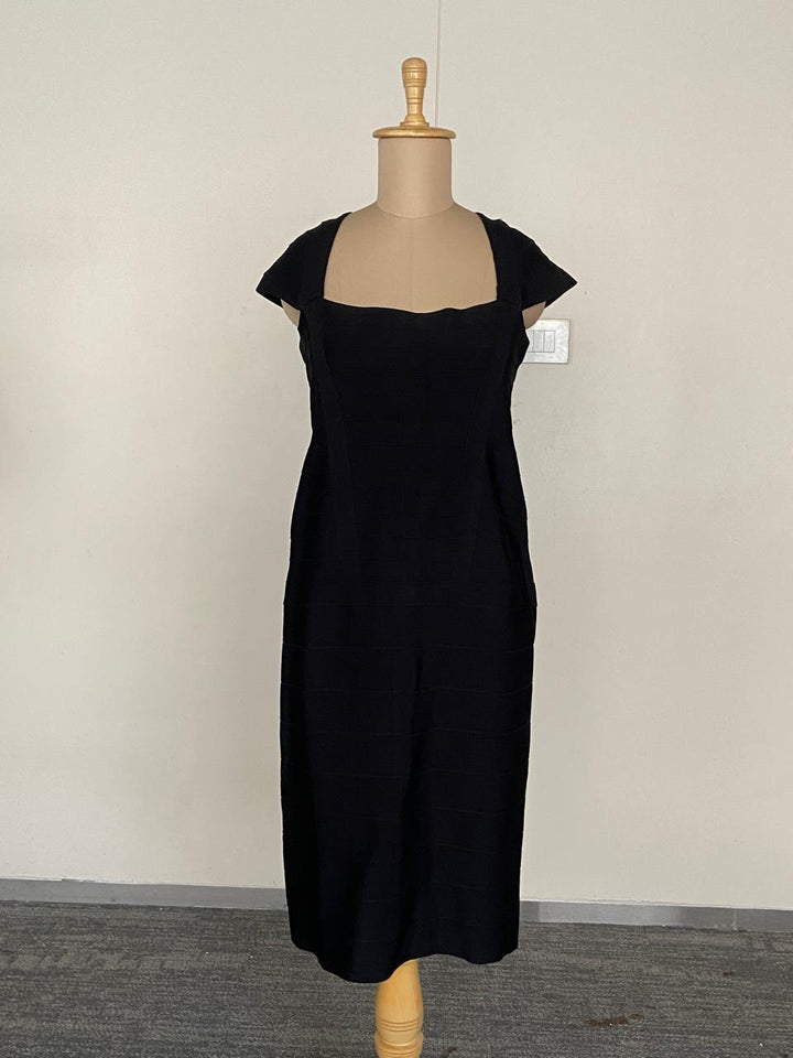 Hervé Léger Black Structured Midi Dress Size L