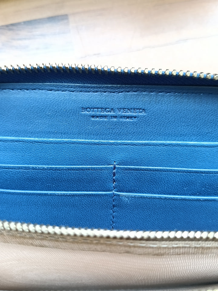 Bottega Veneta Blue Intrecciato Zip Around Wallet