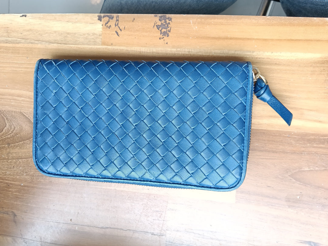 Bottega Veneta Blue Intrecciato Zip Around Wallet