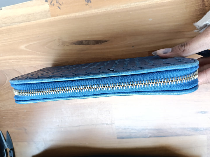 Bottega Veneta Blue Intrecciato Zip Around Wallet
