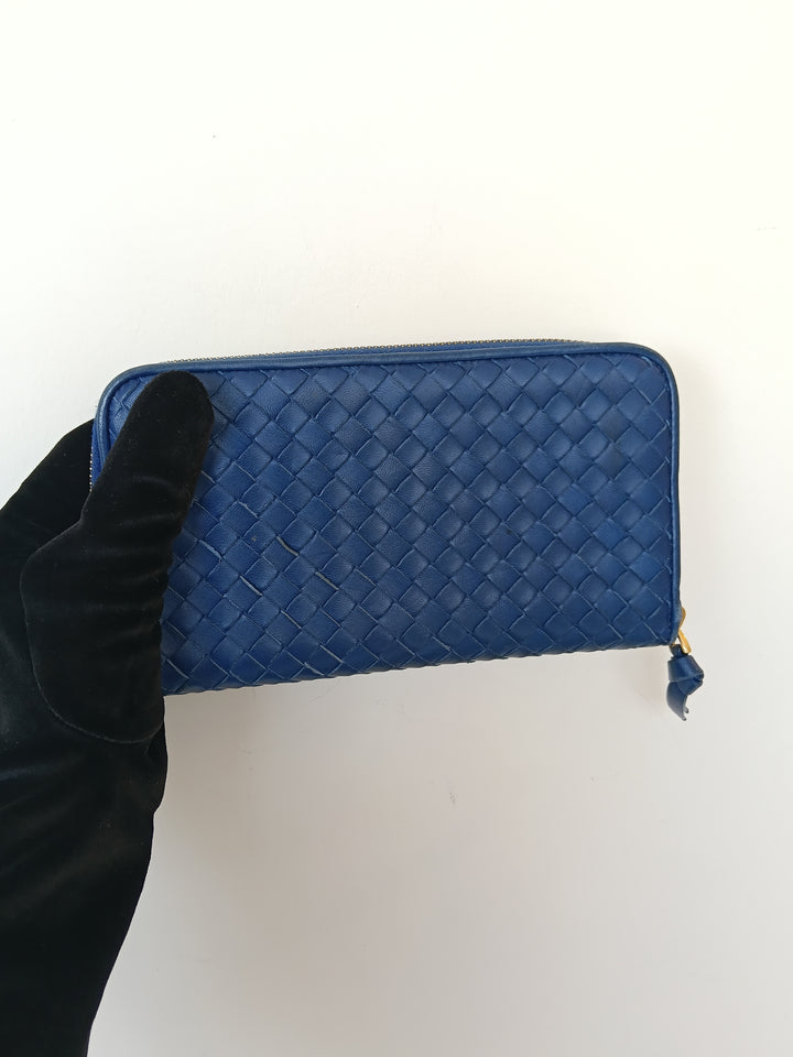 Bottega Veneta Blue Intrecciato Zip Around Wallet