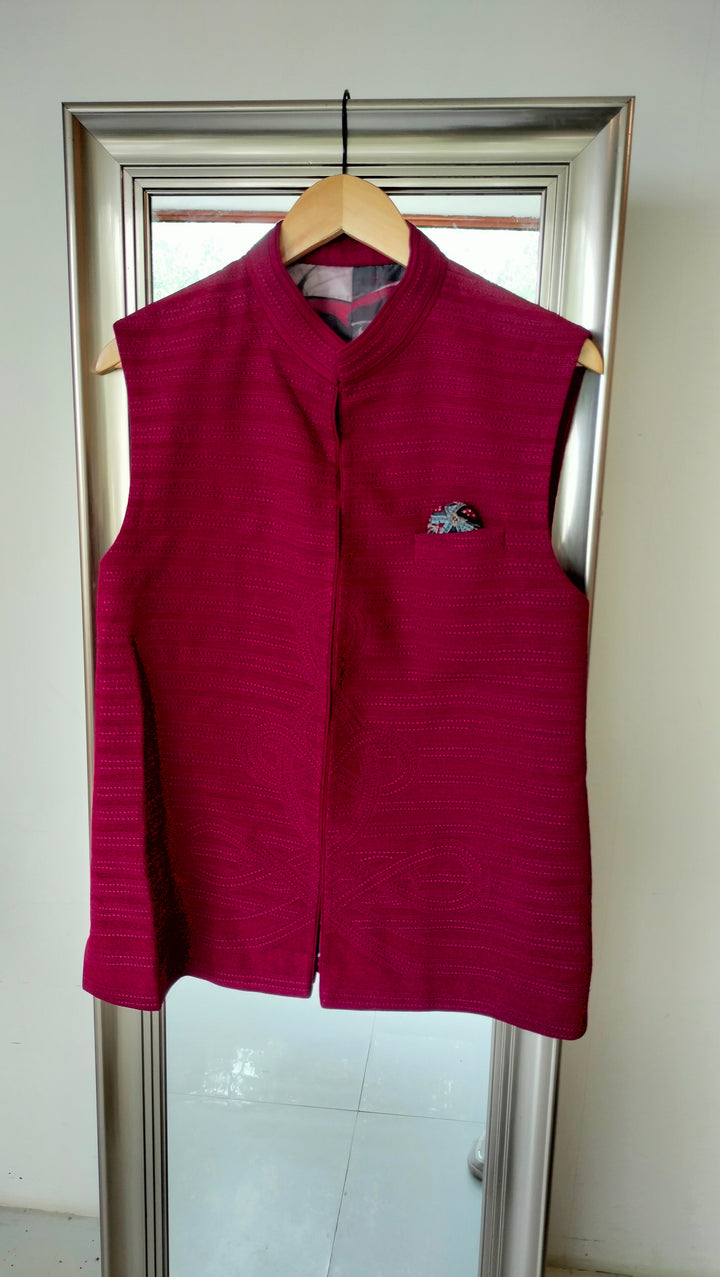 Shantanu & Nikhil Red Bundi Jacket with White Pants
