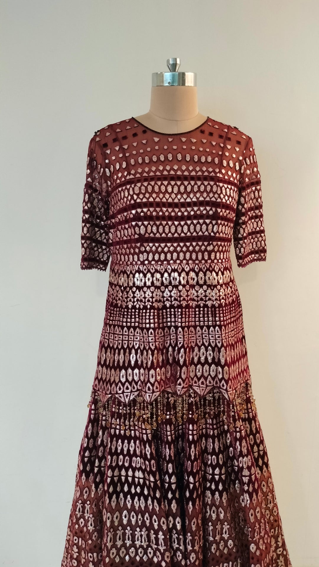 Tarun Tahiliani Maroon Geometric Embellished Lehenga Set
