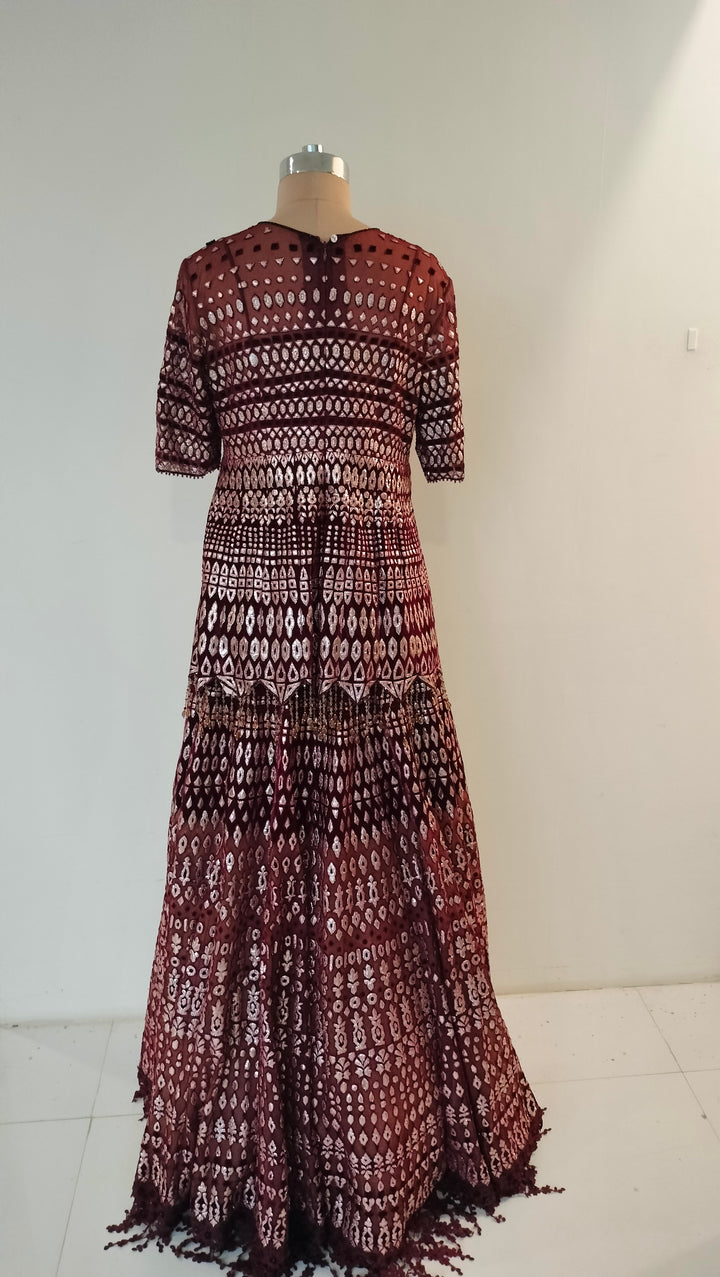 Tarun Tahiliani Maroon Geometric Embellished Lehenga Set