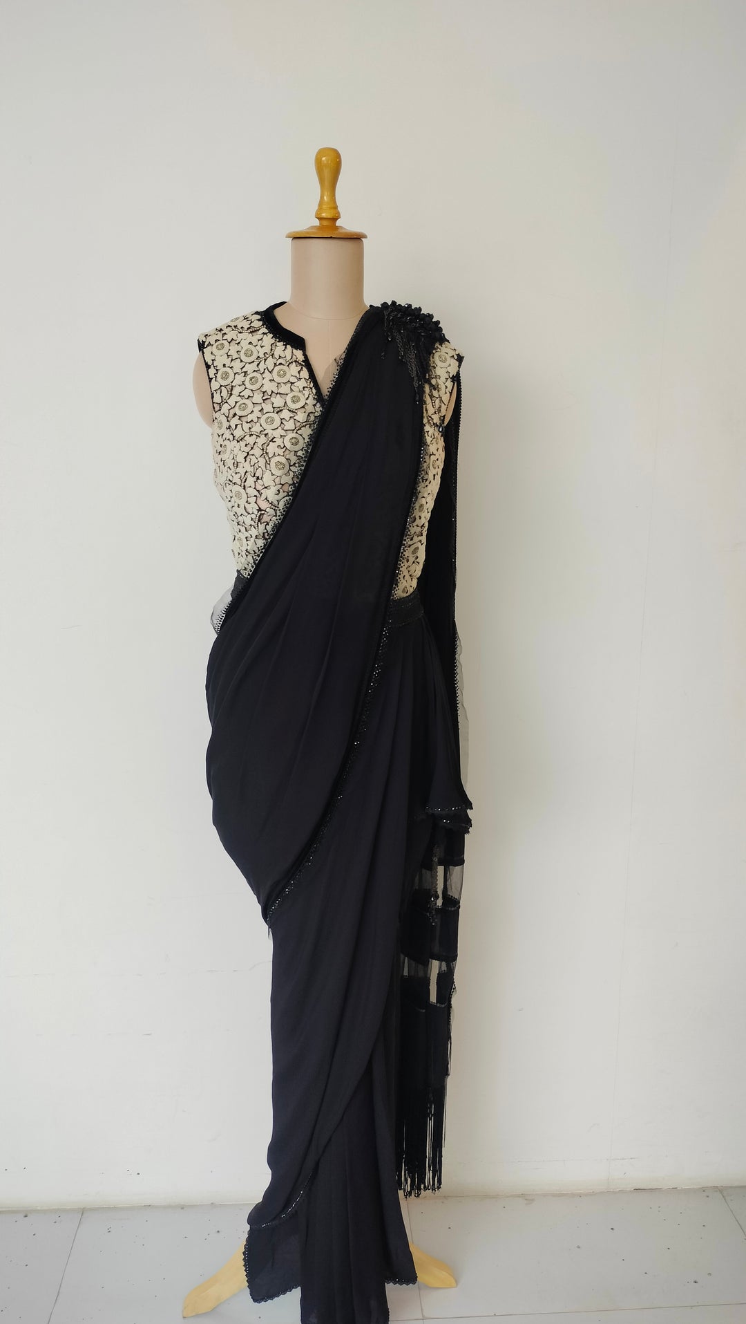 Tarun Tahiliani Black Draped Saree Set