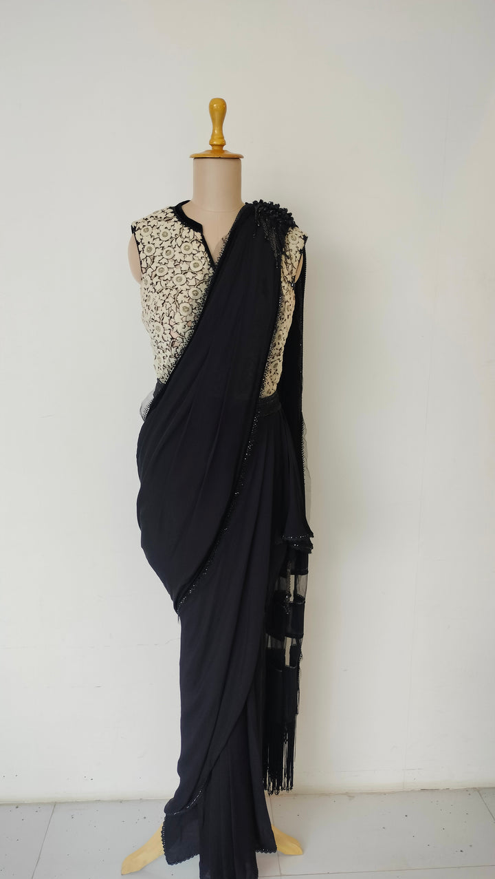 Tarun Tahiliani Black Draped Saree Set