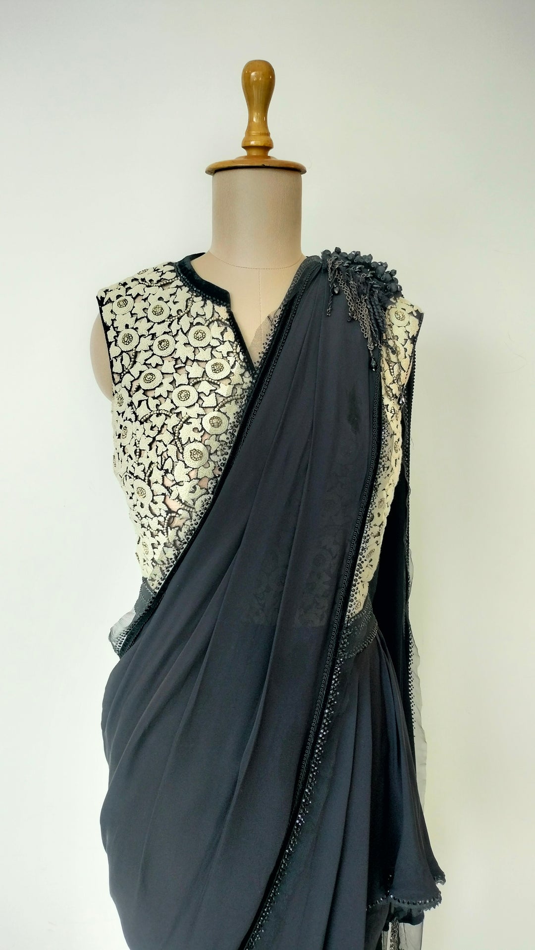 Tarun Tahiliani Black Draped Saree Set