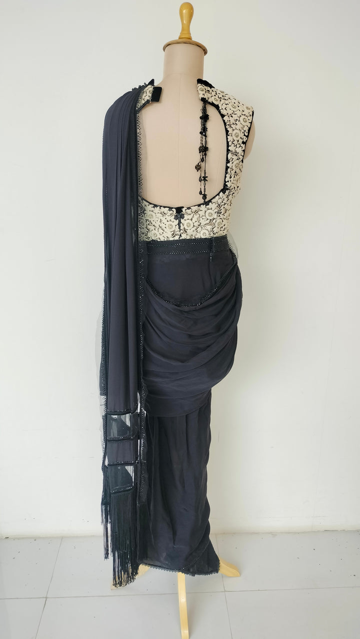 Tarun Tahiliani Black Draped Saree Set