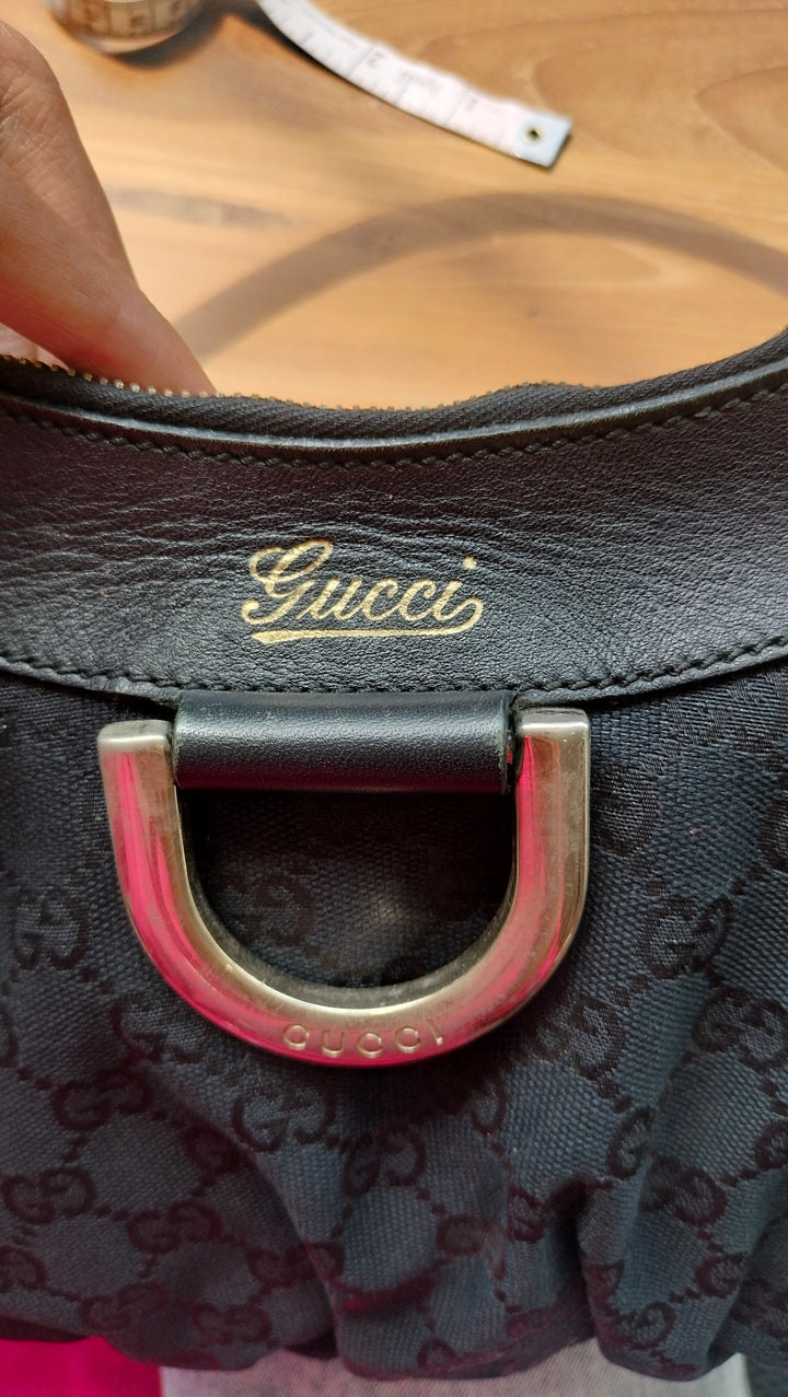 Gucci Black GG Canvas D Gold Hobo Bag