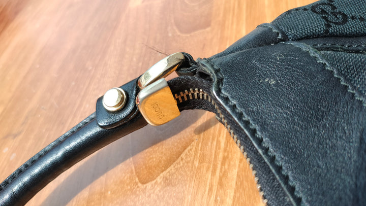 Gucci Black GG Canvas D Gold Hobo Bag