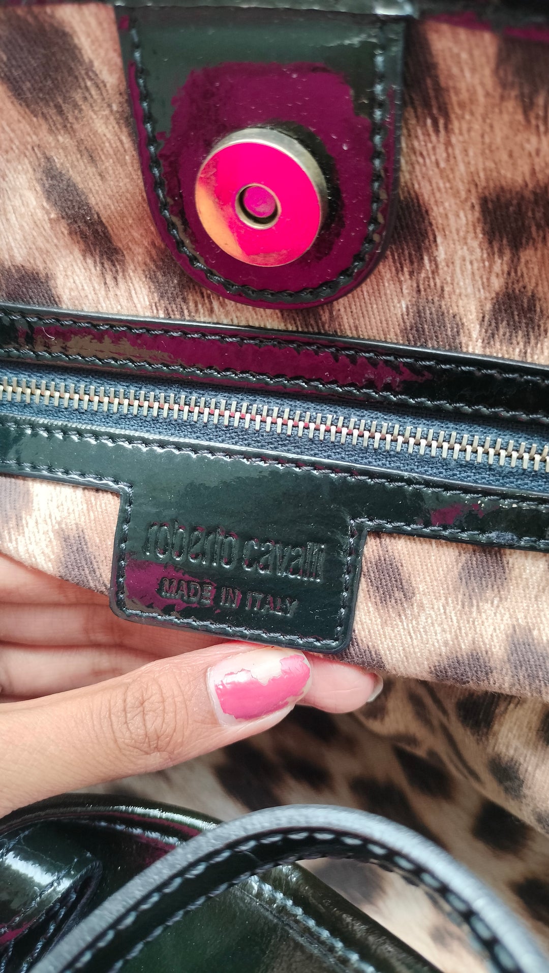 Roberto Cavalli Black Patent Leather Logo Tote