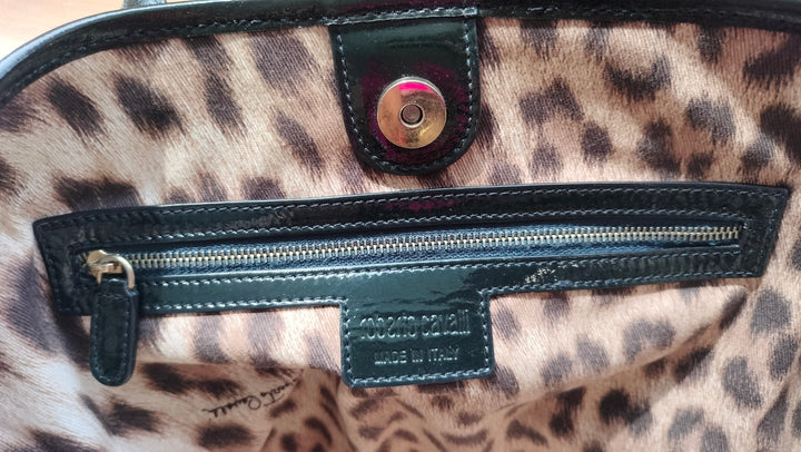 Roberto Cavalli Black Patent Leather Logo Tote