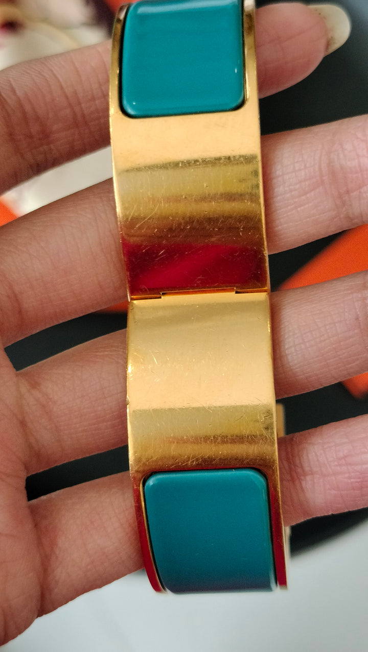 Hermes Enamel Clic H Hinged Blue Bangle Bracelet