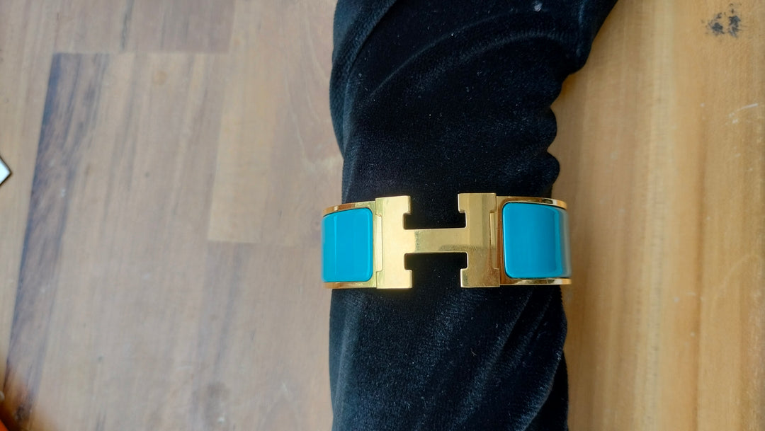 Hermes Enamel Clic H Hinged Blue Bangle Bracelet