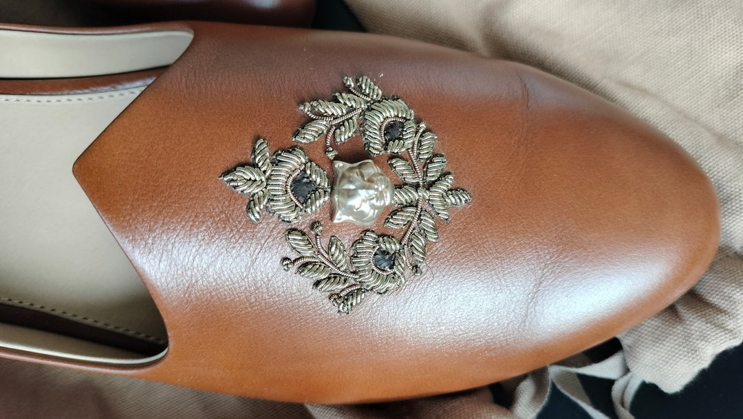 Sabyasachi Tan Leather Embroidered Loafers – Size 44