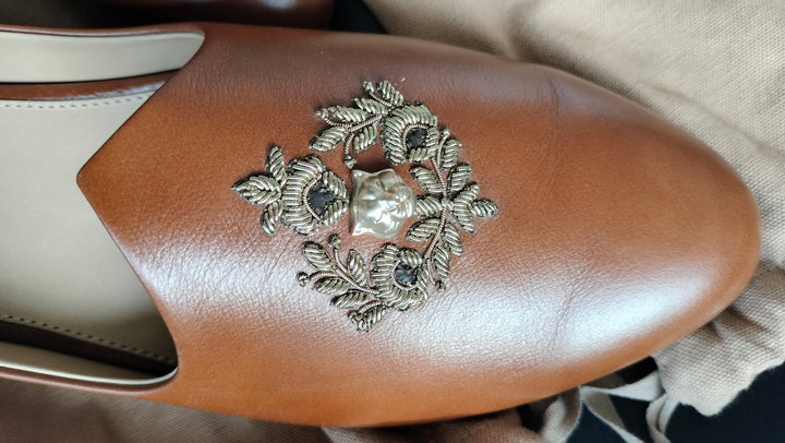 Sabyasachi Tan Leather Embroidered Loafers – Size 44