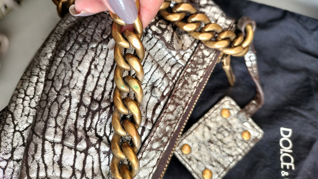 Dolce & Gabbana Dark Copper Textured Leather Floral Applique Chain Clutch