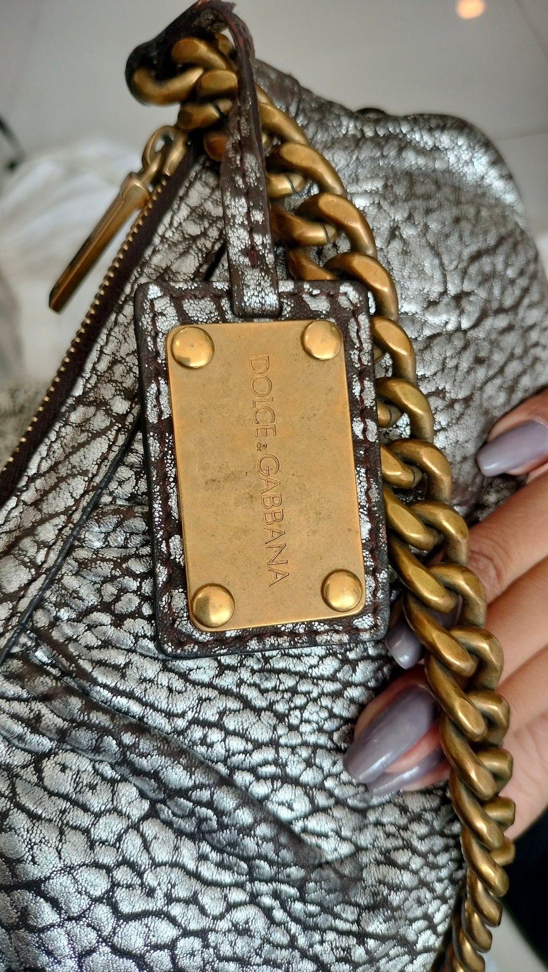 Dolce & Gabbana Dark Copper Textured Leather Floral Applique Chain Clutch