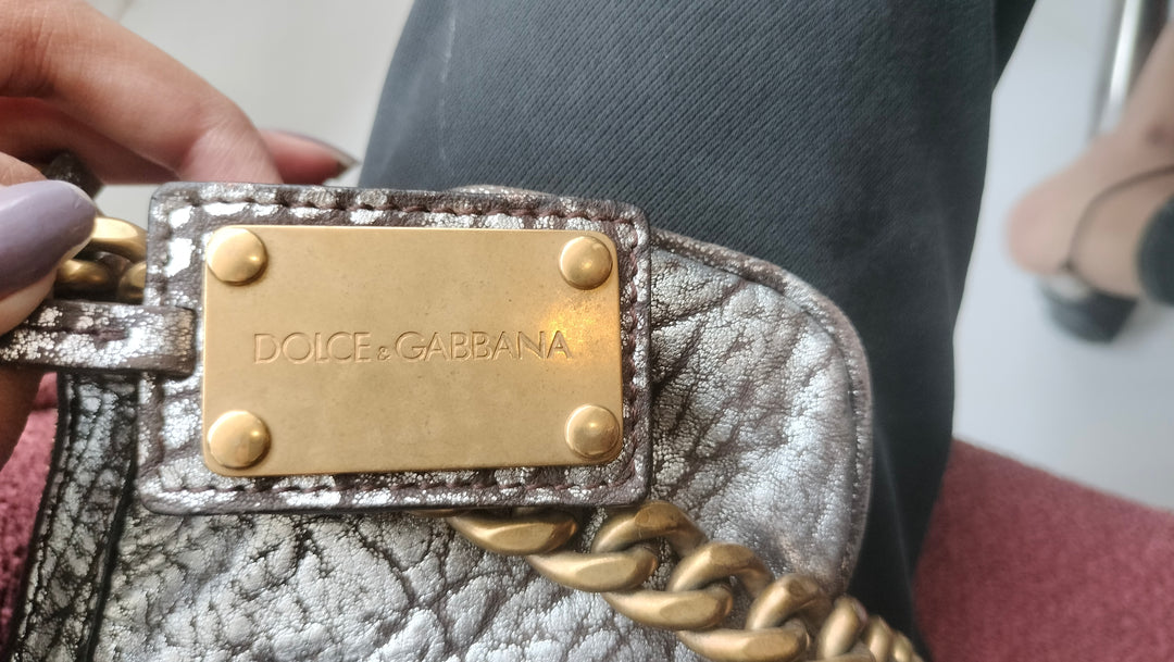 Dolce & Gabbana Dark Copper Textured Leather Floral Applique Chain Clutch