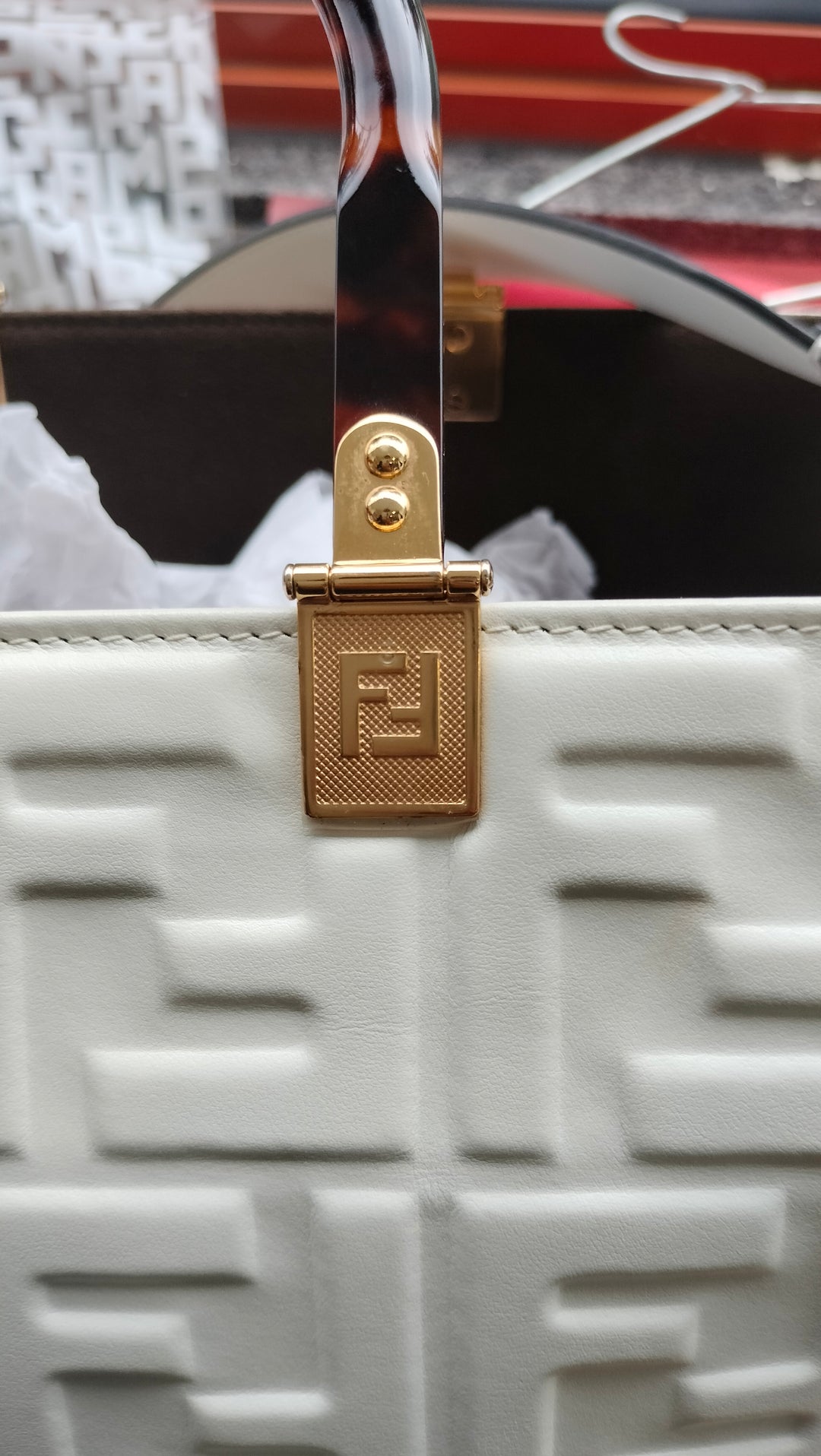 Fendi Off White Zucca Embossed Leather Sunshine Tote