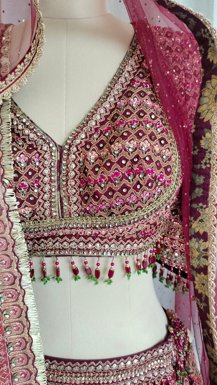 Tarun Tahiliani Maroon Embroidered Lehenga Set