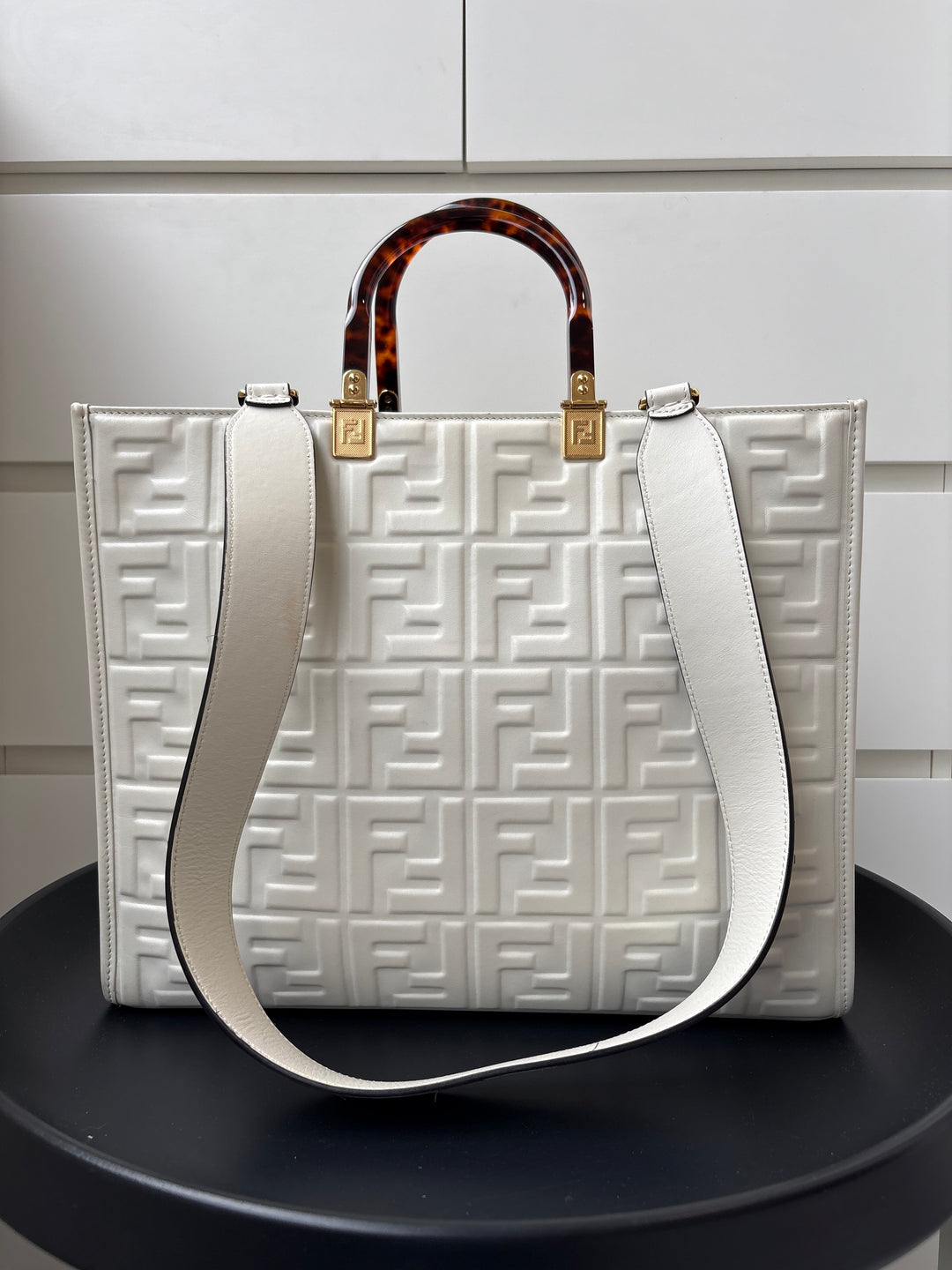 Fendi Off White Zucca Embossed Leather Sunshine Tote
