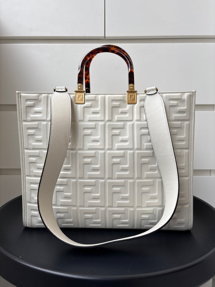 Fendi Off White Zucca Embossed Leather Sunshine Tote