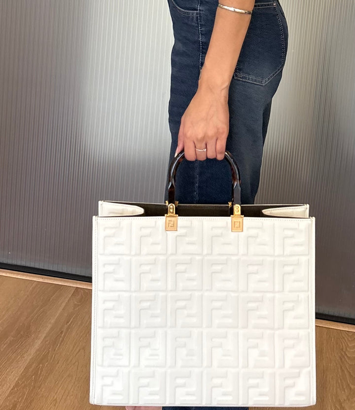 Fendi Off White Zucca Embossed Leather Sunshine Tote