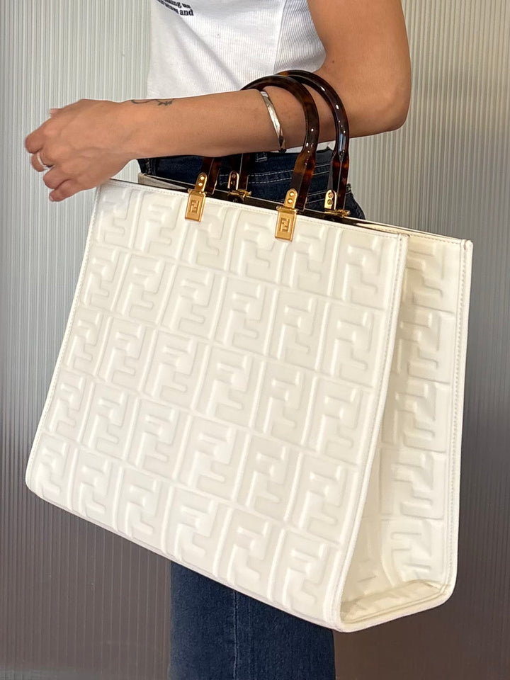 Fendi Off White Zucca Embossed Leather Sunshine Tote