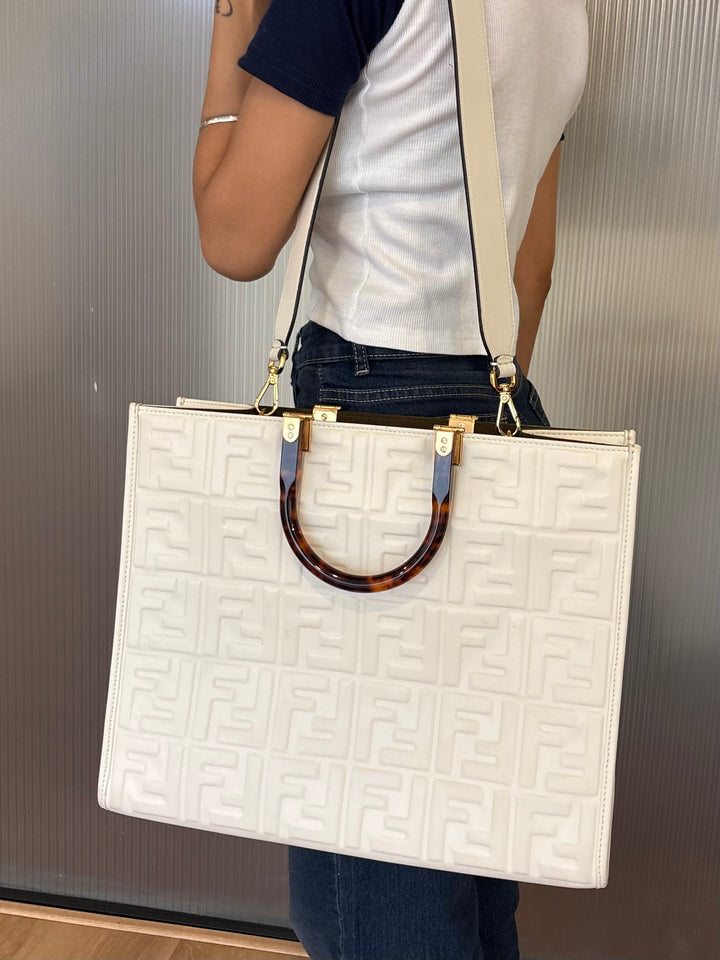 Fendi Off White Zucca Embossed Leather Sunshine Tote
