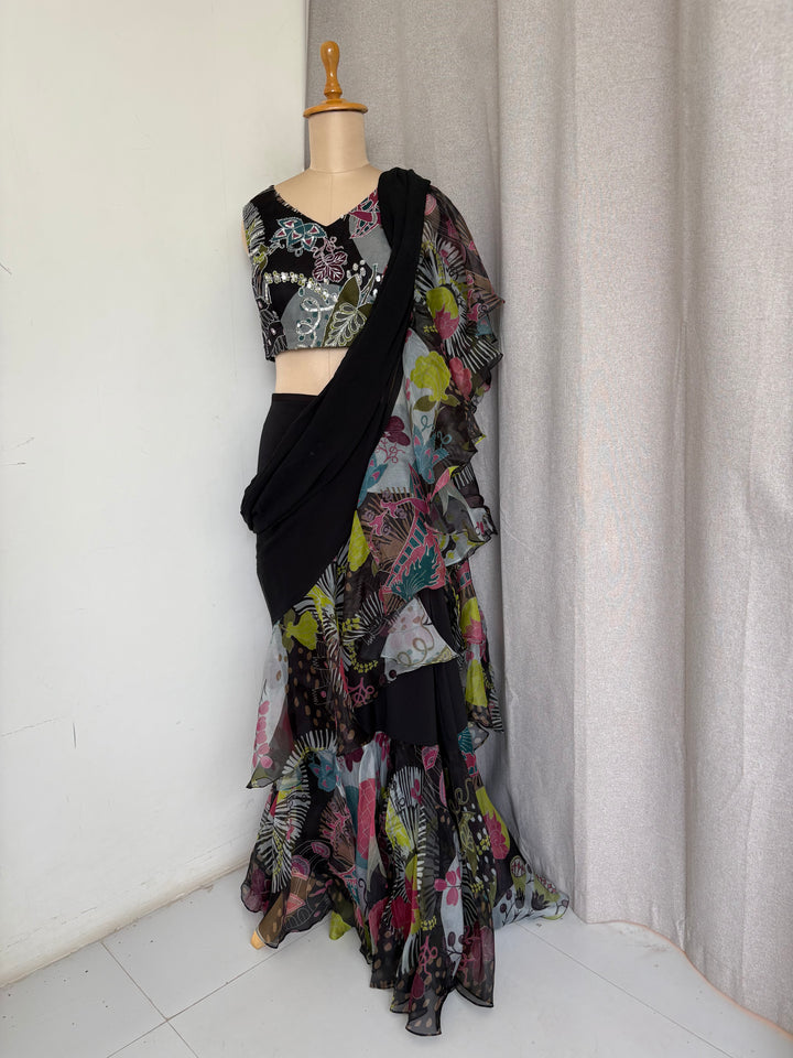 Aisha Rao Black Printed Ruffle Saree Set