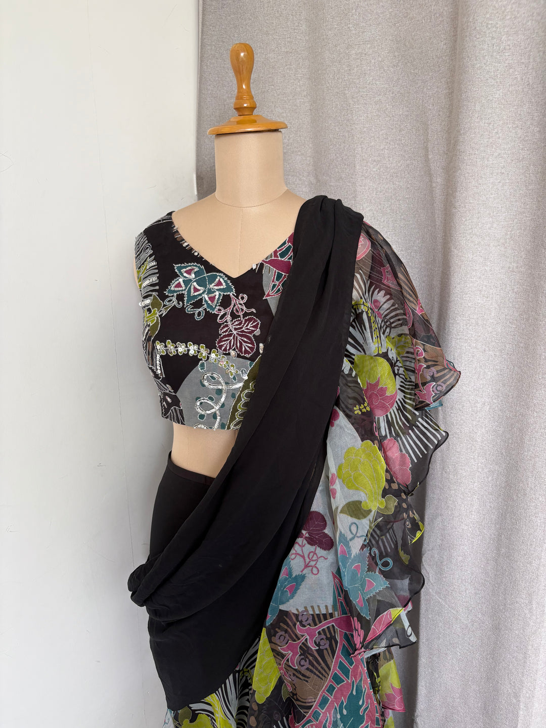 Aisha Rao Black Printed Ruffle Saree Set