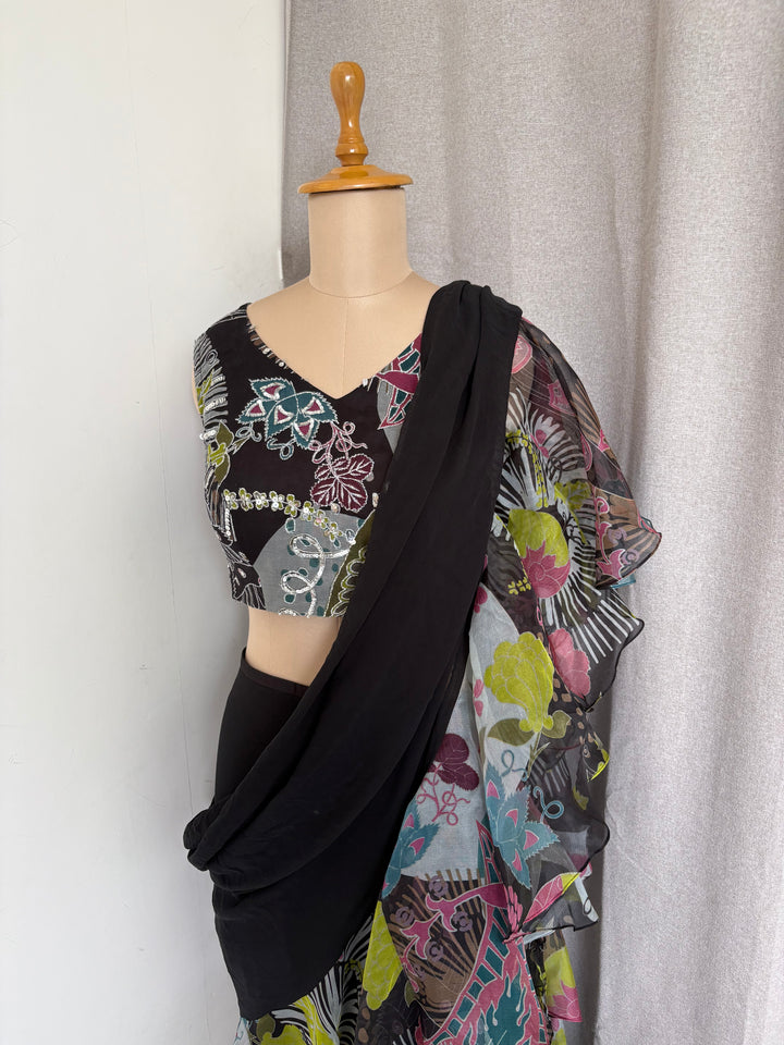 Aisha Rao Black Printed Ruffle Saree Set