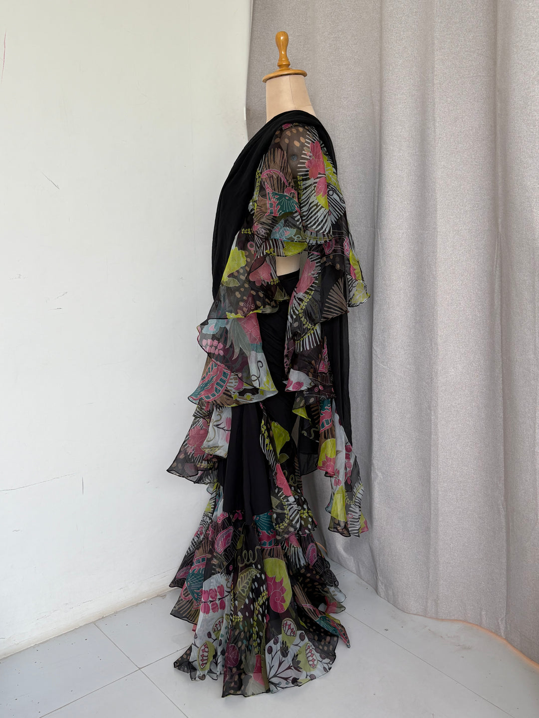 Aisha Rao Black Printed Ruffle Saree Set