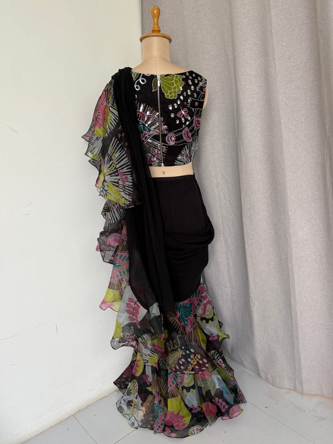 Aisha Rao Black Printed Ruffle Saree Set