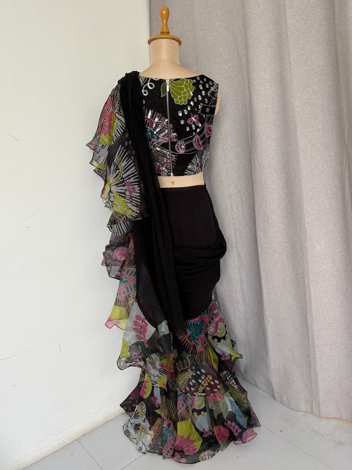 Aisha Rao Black Printed Ruffle Saree Set