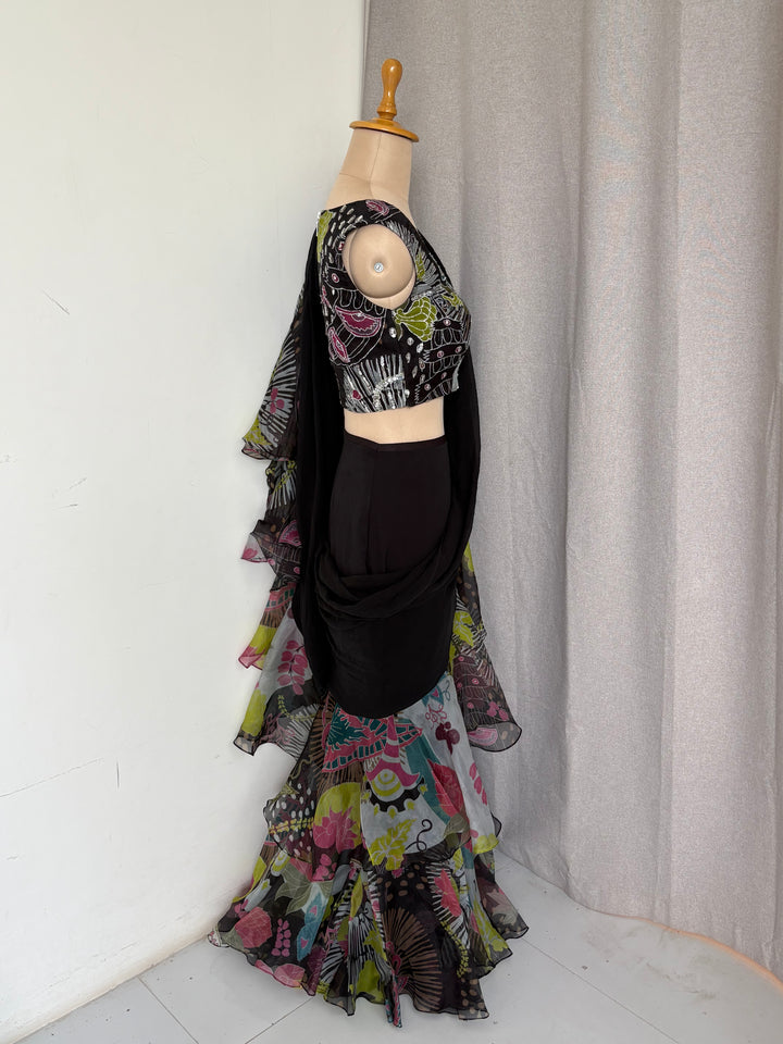 Aisha Rao Black Printed Ruffle Saree Set